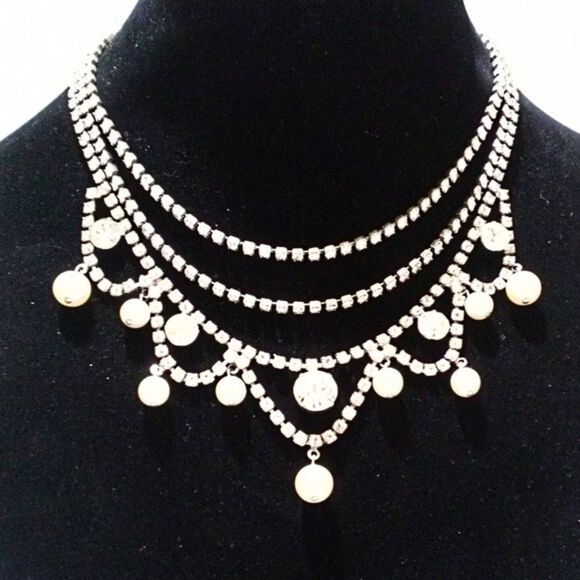 Vintage Rhinestone and Faux Pearl Silver Tone Bib Necklace - Picture 2 of 8